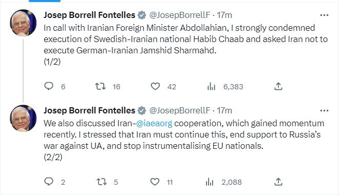 مسئول سیاست خارجی اتحادیه اروپا: در تماس با امیرعبداللهیان اعدام «حبیب چعب» را به شدت محکوم کردم